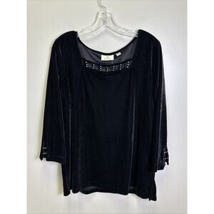 Quacker‎ Factory Velvet Square Neck Blouse L Black Embellished 3/4 Sleeve NWT